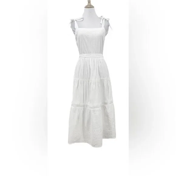 Topshop White Pintuck Tie Shoulder Tiered Hem Beachy SummerโCasual MidiโDress - Picture 2 of 9